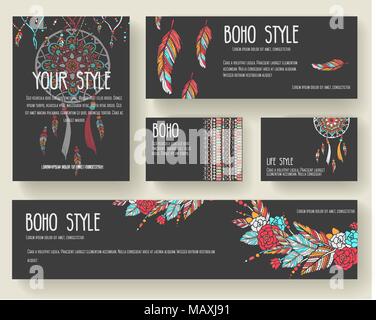 Set of boho ornament illustration style concept. Art traditional, poster, book, poster, abstract, ottoman motifs, element. Vector decorative ethnic greeting card or invitation  Stock Vector