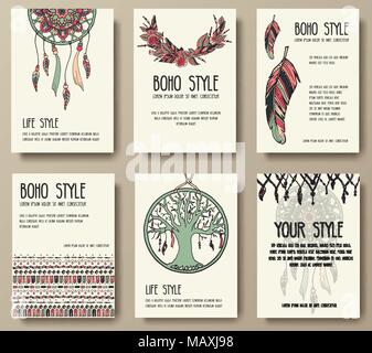 Set of boho ornament illustration style concept. Art traditional, poster, book, poster, abstract, ottoman motifs, element. Vector decorative ethnic greeting card or invitation  design Stock Vector