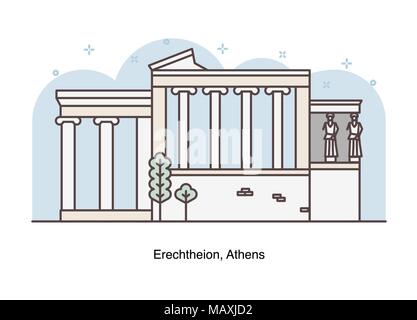 Vector line illustration of Erechtheion, Athens, Greece. Stock Vector