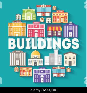 Architecture buildings circle infographics template concept. Icons design for your product or design, web and mobile applications. Vector flat with long shadow illustration on blue background Stock Vector