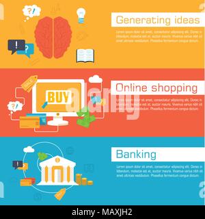 set of social business life horizontal banners flat design. Vector illustrations backgrounds in vintage style concepts. Template for website and mobile appliance Stock Vector