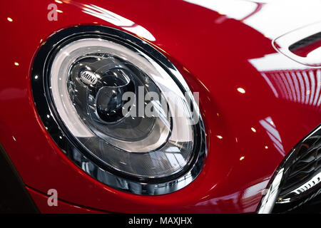 Modern rear red light of sport car mini cooper s with reflection on left side presented by Dealer BMW Inchcape Motor Wroclaw march 2017 Stock Photo