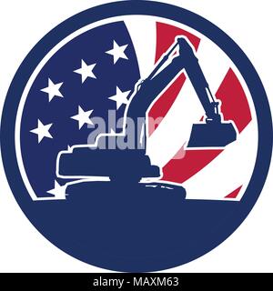 Icon retro style illustration of silhouette of American mechanical digger or excavator viewed from side  with United States of America USA star spangl Stock Vector