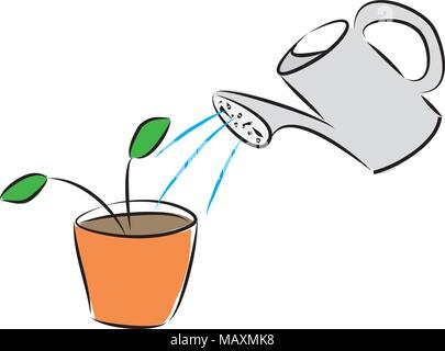 Watering-can watering plant in a flower pot hand drawn vector illustration Stock Vector