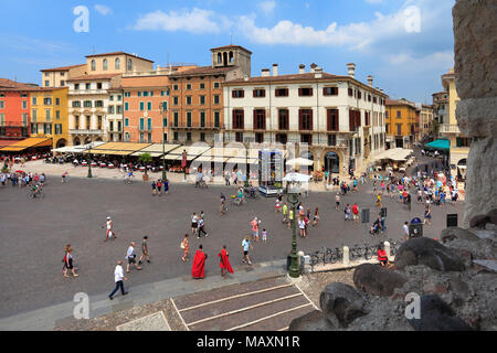 Verona, Veneto / Italy - 2012/07/06: Verona historic city center - Piazza Bra square with surrounding historic tenements Stock Photo