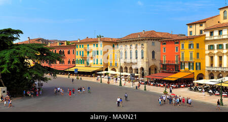 Verona, Veneto / Italy - 2012/07/06: Verona historic city center - Piazza Bra square with surrounding historic tenements Stock Photo