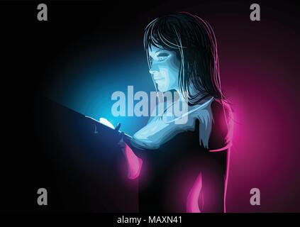A smiling casual young women checking a message on her phone at night. Vector illustration Stock Vector
