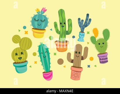 A collection of bright and happy cactus plant characters in colourful pots. Vector illustration. Stock Vector