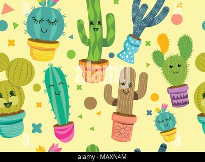 A seamless pattern of cheerful cactus plant characters with smiling faces in colourful pots. Vector illustration. Stock Vector