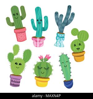 A collection of cute and cheerful cactus plant characters in colourful pots. Vector illustration. Stock Vector