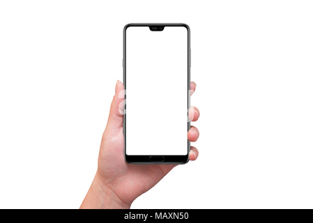 Isolated modern smart phone with tooth on screen in woman hand. Stock Photo
