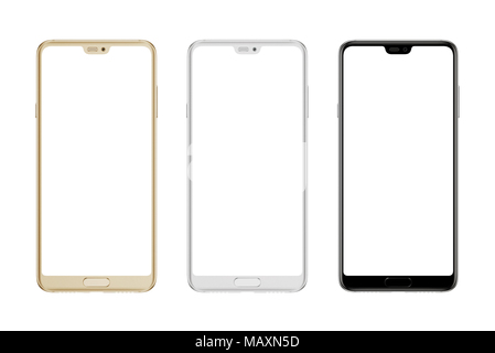 Modern smart phone in gold; silver and black color. Isolated screen and background. Stock Photo