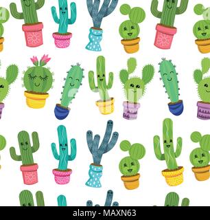 A seamless pattern of cute cactus plant characters with smiling faces in colourful pots. Vector illustration. Stock Vector