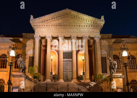 The Teatro Massimo Opera house in Piazza Verdi, Palermo, Sicily taken at night. One of the filming locations for a scene in the Godfather film. Stock Photo