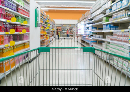 Abstract blurred photo of store with trolley in department store bokeh background. Supermarket aisle with empty green shopping cart Stock Photo