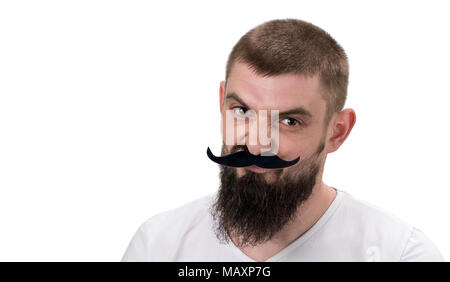 portrait of confident beautiful cunning men with false black mustache isolated on white background. With copy space. Stock Photo