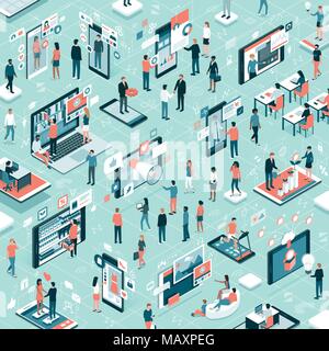 Diverse people connecting online and using apps on touch screen interactive mobile devices: technology, augmented reality and lifestyle concept Stock Vector