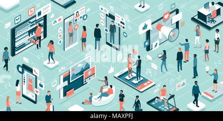 Diverse people connecting online and using apps on touch screen interactive mobile devices: technology, augmented reality and lifestyle concept Stock Vector