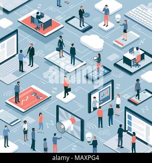 Business people, freelancers, users connecting and working together online using smartphones, tablets and laptops Stock Vector