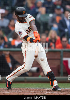 San Francisco, California, USA. 04th Apr, 2018. San Francisco Giants third  baseman Pablo Sandoval (48) celebrates a three run homer with team mates  catcher Buster Posey (28) and right fielder Andrew McCutchen (