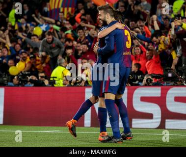 Barcelona, Spain. 4th Apr, 2018. Barcelona's Gerard Pique (R) celebrates scoring with his teammate during the UEFA Champions League quarterfinal 1st Leg match between FC Barcelona and Roma in Barcelona, Spain, on April 4, 2018. Barcelona won 4-1. Credit: Joan Gosa/Xinhua/Alamy Live News Stock Photo