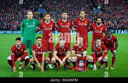 Liverpool. 4th Apr, 2018. Liverpool players line up before the UEFA Champions League quarterfinal 1st Leg match between Liverpool and Manchester City at Anfield Stadium in Liverpool, Britain on April 4, 2018. Liverpool won 3-0. Credit: Xinhua) FOR EDITORIAL USE ONLY. NOT FOR SALE FOR MARKETING OR ADVERTISING CAMPAIGNS. NO USE WITH UNAUTHORIZED AUDIO, VIDEO, DATA, FIXTURE LISTS, CLUB/LEAGUE LOGOS OR 'LIVE' SERVICES. ONLINE IN-MATCH USE LIMITED TO 45 IMAGES, NO VIDEO EMULATION. NO USE IN BETTING, GAMES OR SINGLE CLUB/LEAGUE/PLAYER PUBLICATIONS./Xinhua/Alamy Live News Stock Photo