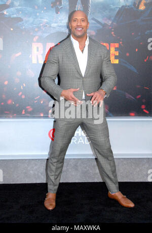 LOS ANGELES, CA - APRIL 04: Actor Dwayne Johnson attends the premiere of Warner Bros. Pictures' 'Rampage' at Microsoft Theater on April 4, 2018 in Los Angeles, California. Photo by Barry King/Alamy Live News Stock Photo