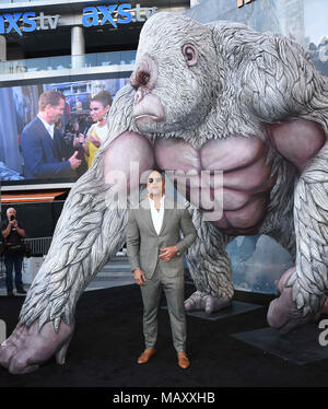 Los Angeles, CA, USA. 4th Apr, 2018. 04 April 2018 - Los Angeles, California - Dwayne Johnson. Warner Bros. Pictures' ''Rampage'' Los Angeles Premiere held at Microsoft Theater. Photo Credit: Birdie Thompson/AdMedia Credit: Birdie Thompson/AdMedia/ZUMA Wire/Alamy Live News Stock Photo