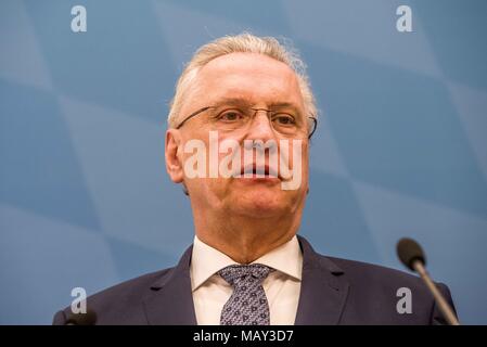Munich, Bavaria, Germany. 5th Apr, 2018. Joachim Herrmann, Interior Minister of Bavaria. The 2017-2018 edition of the Bavarian Verfassungsschutzbericht (Office for the Protection of the Constitution, Secret Service) report was released detailing threats to the state of Bavaria, including right- and left-extremism, Islamists, as well as Cyber Warfare and Espionage. The report introduced by Bavarian Innenminister Joachim Herrmann (CSU) and Dr. Burkhard KÃ¶rner, as well as .In recent years, Bavaria has seen a sharp rise in what is known as PMK-Rechts (politically motivated crimes- right wing) Stock Photo