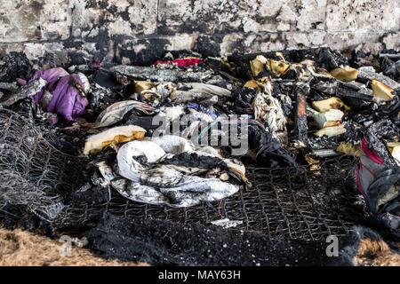 April 5, 2018 - MÃ¼Nchen, Bayern, Germany - A homeless camp under the ReichenbachbrÃ¼cke (Reichenbach Bridge) in Munich was the target of a suspected arson attack. The photos display the aftermath and the blackening of the surfaces of the bridge, as well as intense heat melting mattresses down to their springs. Damage to the bridge is estimated at 25,000 Euros. Four men, ages 24-53 were living there and unharmed. The suspects may have been two men who were standing near the fire and throwing objects into it. Credit: Sachelle Babbar/ZUMA Wire/Alamy Live News Stock Photo