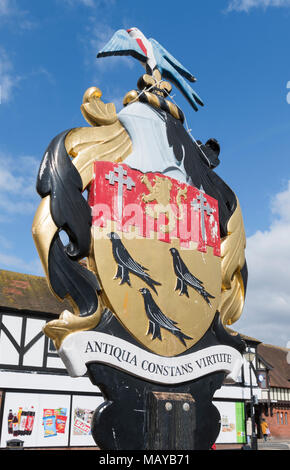 Arundel Coat of Arms "Antiqua Constans Virtute" (Steadfast in Ancient Virtue) erected in 1953 in Arundel, West Sussex, England, UK. Stock Photo