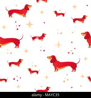Simple modern Seamless pattern with red dog and and heart.  Cartoon pattern. The template for the cover fabric, books. Modern design for the fabric. Stock Vector