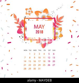 Design Floral Template Calendar  2018.  Print Template Calendar with paper cut flowers Stock Vector