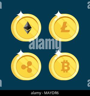 Set of icons Litecoin, Ripple, Ethereum, bitcoin coins on the isolated black background. Symbols of currencies in isometric, 3D style. Vector illustra Stock Vector