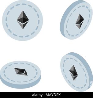 Isometric 3d Ethereum cryptocurrency blockchain flat icon. Use for logos, print products, page and web decor or other design. Stock Vector