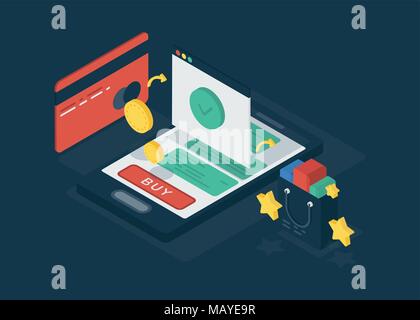 Concept illustration of using mobile smartphone for online purchasing via mobile app Stock Vector