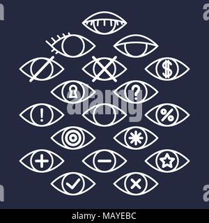 White outline eye icons for different actions on dark background, outline eye pictograms set, vector operations images Stock Vector