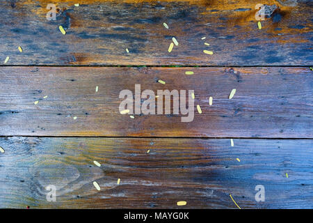 Brown scratched wooden cutting board with several leaves on it Stock Photo