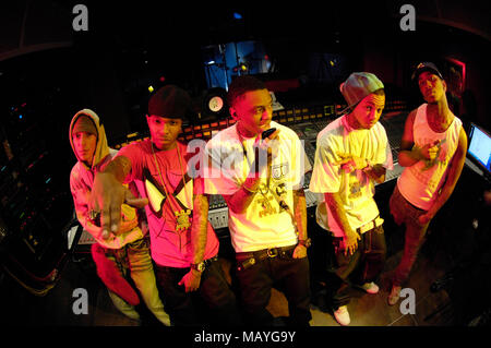 (L-R) Khleo Thomas, JBar, Deandre Way aka Soulja Boy, Arab and Lil B the Based God at a recording studio on February 17, 2010 in Los Angeles, California. Stock Photo