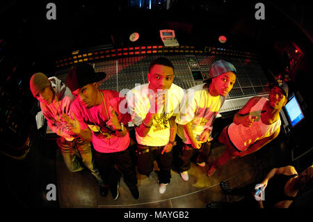 (L-R) Khleo Thomas, JBar, Deandre Way aka Soulja Boy, Arab and Lil B the Based God at a recording studio on February 17, 2010 in Los Angeles, California. Stock Photo