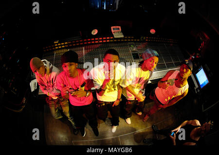 (L-R) Khleo Thomas, JBar, Deandre Way aka Soulja Boy, Arab and Lil B the Based God at a recording studio on February 17, 2010 in Los Angeles, California. Stock Photo