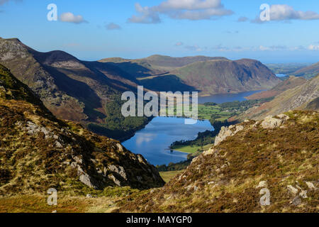 View over Buttermere and Crummock Water from Fleetwith Pike in the Lake District National Park in Cumbria, England