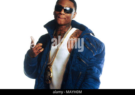 Rapper Deandre Way aka Soulja Boy on set for Soulja Boy Tell 'Em 'Pretty Boy Swag' music video on February 11, 2010 in Los Angeles, California. Stock Photo