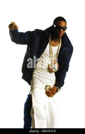 Rapper Deandre Way aka Soulja Boy on set for Soulja Boy Tell 'Em 'Pretty Boy Swag' music video on February 11, 2010 in Los Angeles, California. Stock Photo