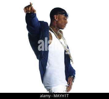 Rapper Deandre Way aka Soulja Boy on set for Soulja Boy Tell 'Em 'Pretty Boy Swag' music video on February 11, 2010 in Los Angeles, California. Stock Photo