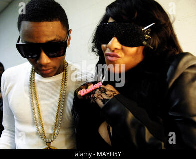 Rapper Deandre Way aka Soulja Boy and Hazel-E on set for Soulja Boy Tell 'Em music video on February 11, 2010 in Los Angeles, California. Stock Photo