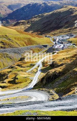 View looking down on Honister Slate Mine in Honister Pass from Honister Crags in the Lake District National Park in Cumbria, England Stock Photo
