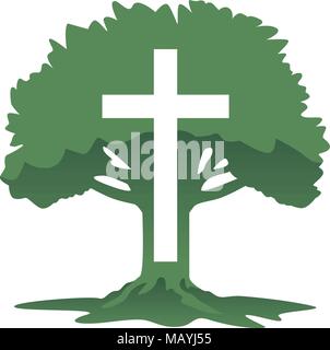 Cross and Tree Christian Religious Symbol Vector Illustration Stock Vector