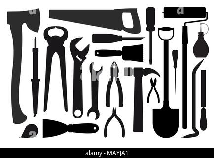 Big set of silhouettes of workers tools Stock Vector