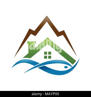 Abstract Lake House Fish Mountain Logo Symbol Vector Graphic Design Stock Vector